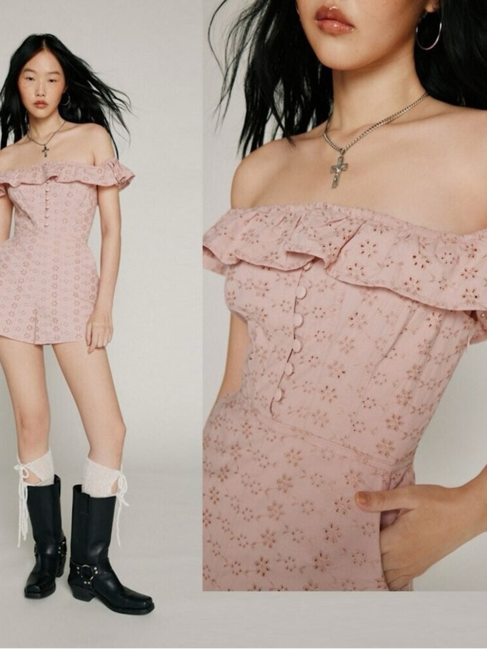 NWT Kimchi Blue Dusty Pink Floral Eyelet Off-Shoulder Romper